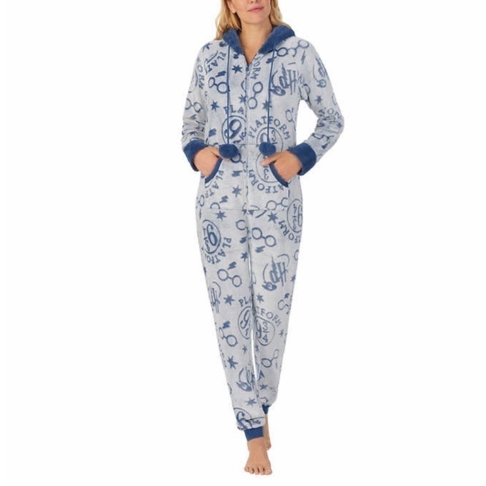 Wizarding World Women's Harry Potter One-Piece Faux Fur Hooded Pajama Blue NWOT